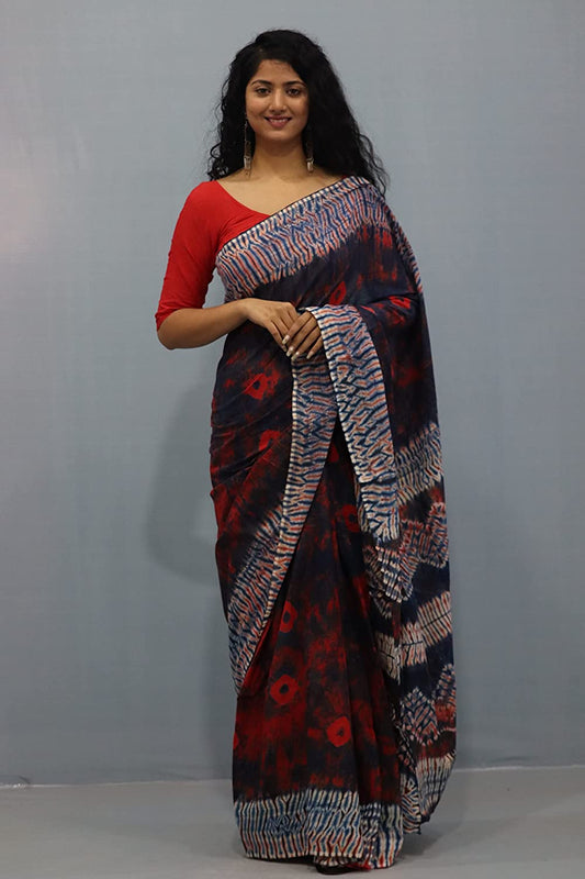 Printed Black Shibori Print Cotton MulMul Saree