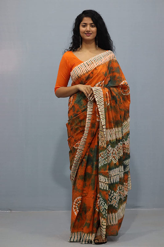 Printed Orange Shibori Print Cotton MulMul Saree