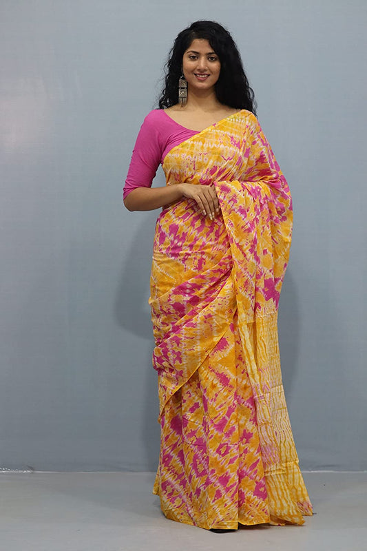 Printed Yellow Shibori Print Cotton MulMul Saree