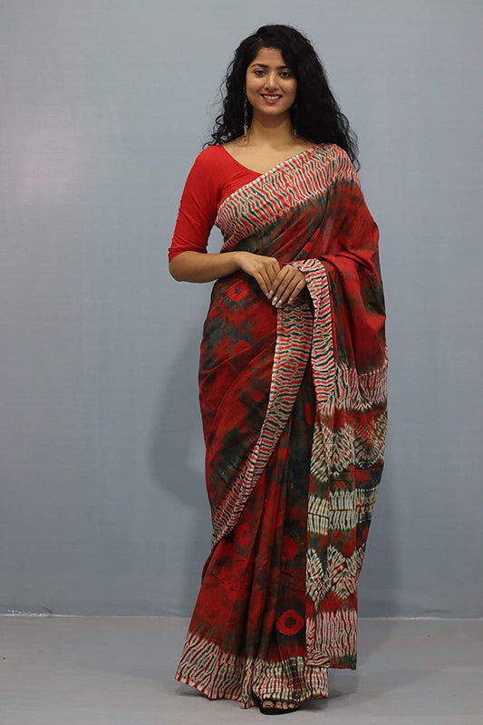 Printed Orange Shibori Print Cotton MulMul Saree