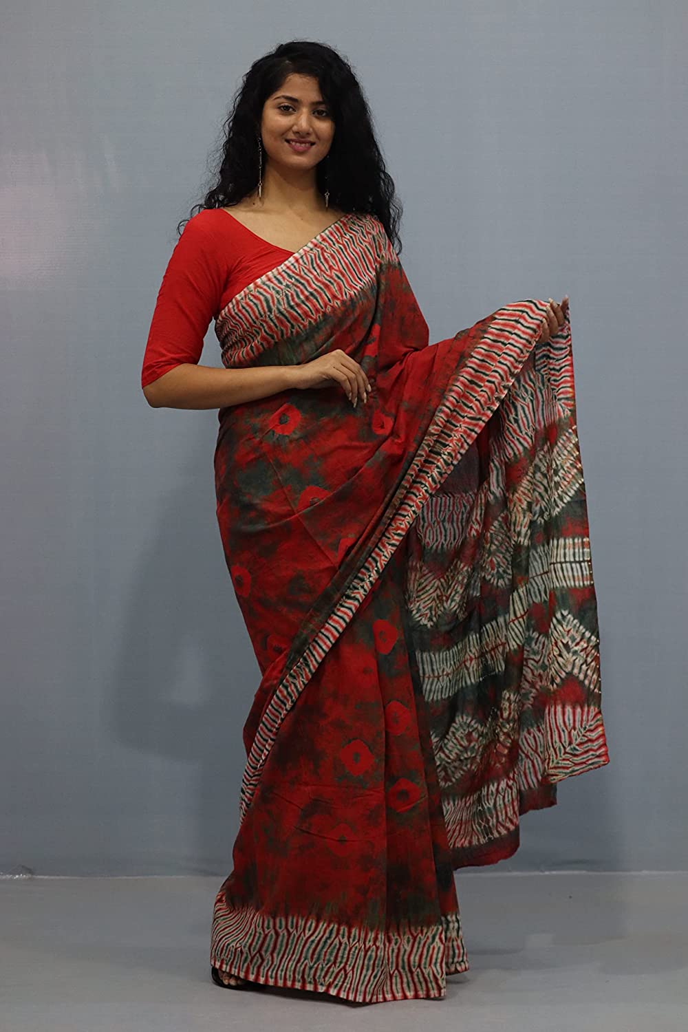 Printed Orange Shibori Print Cotton MulMul Saree