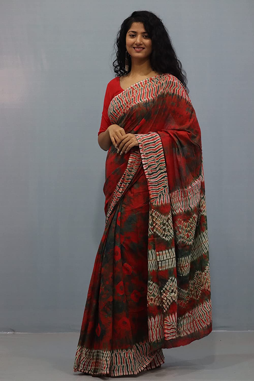 Printed Orange Shibori Print Cotton MulMul Saree