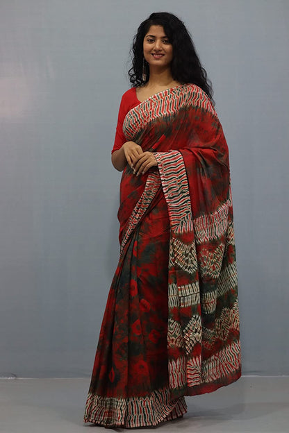 Printed Orange Shibori Print Cotton MulMul Saree