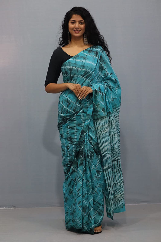 Printed Sky Blue Shibori Print Cotton MulMul Saree