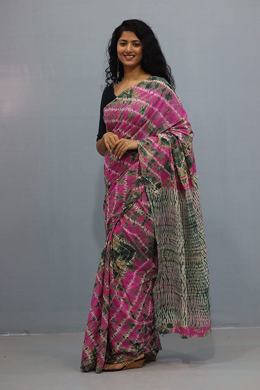 Printed Pink Shibori Print Cotton MulMul Saree