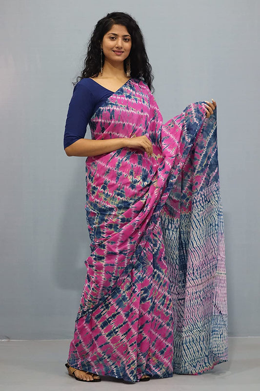 Printed Pink Shibori Print Cotton MulMul Saree