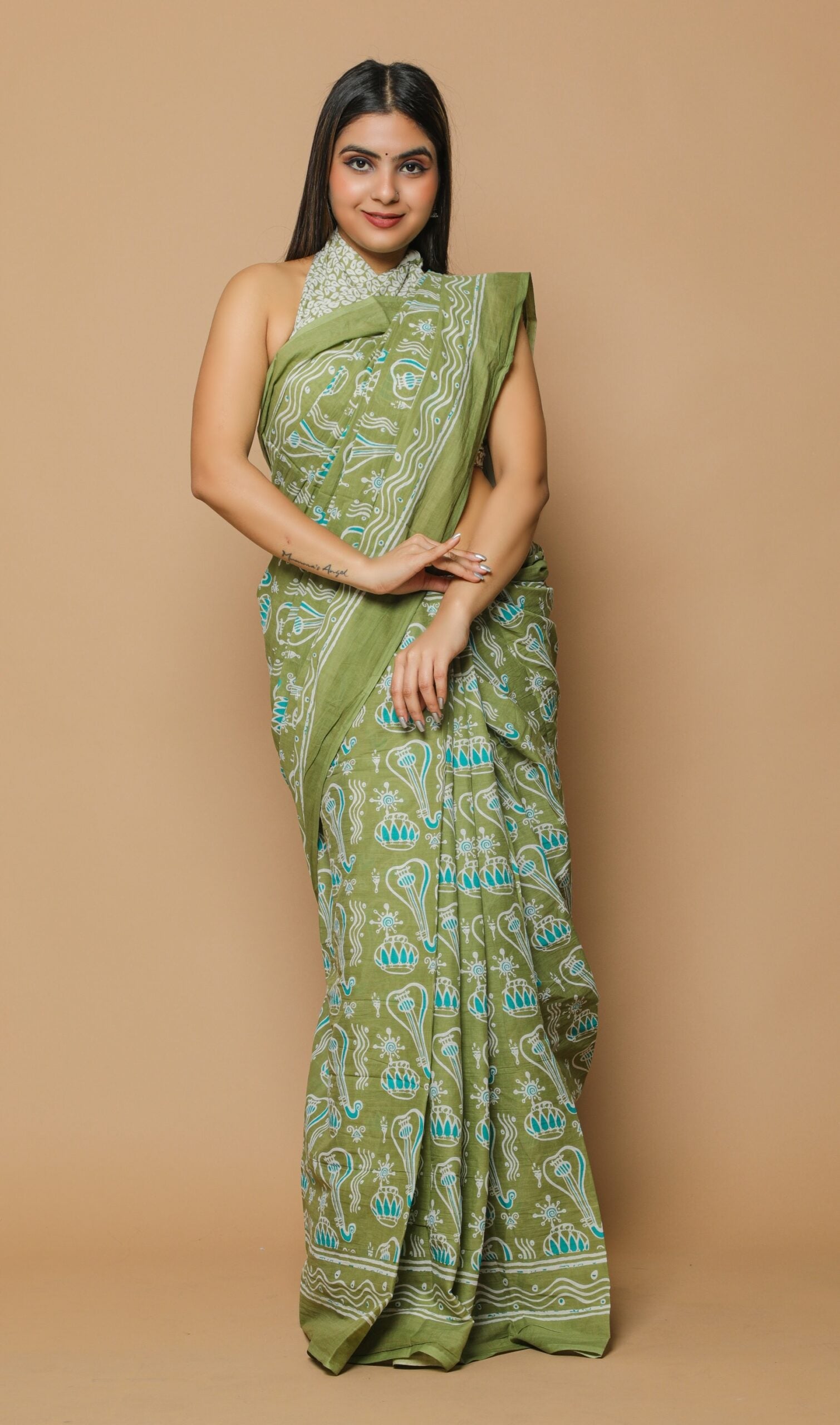 Cotton MulMul Green Printed Sarees