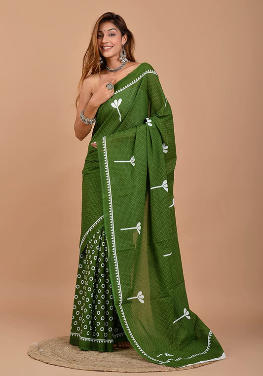 Cotton MulMul Green Printed Sarees