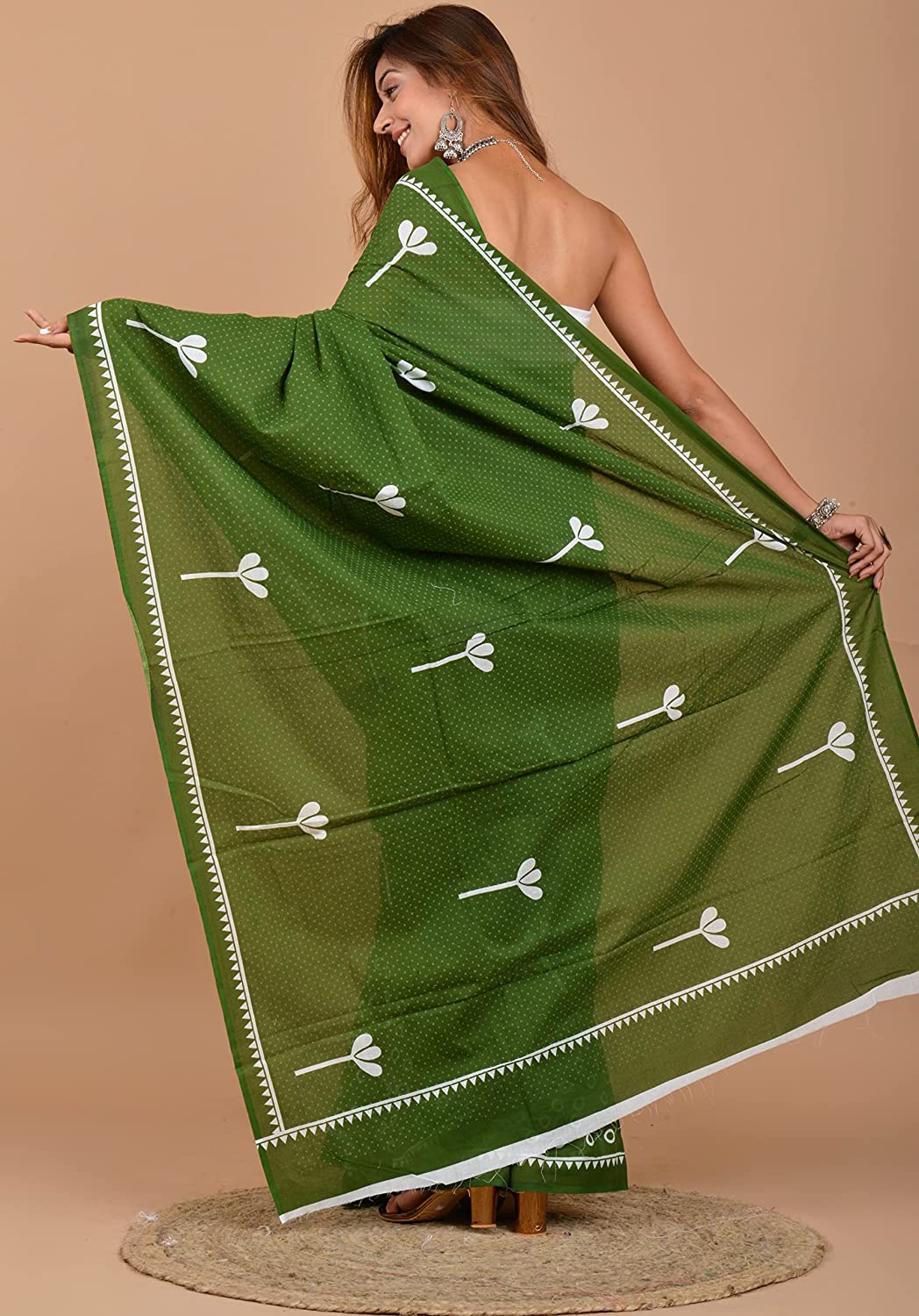 Cotton MulMul Green Printed Sarees